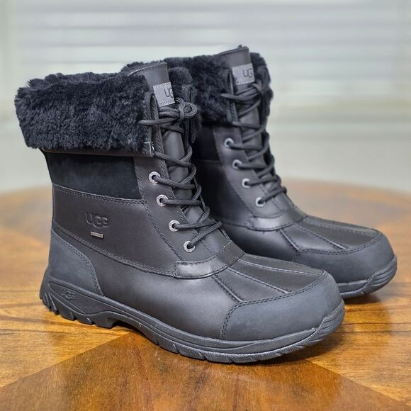 UGG Butte Waterproof Men's Black Boots Size 11 Convertible Leather Fur Lined New - Picture 4 of 12
